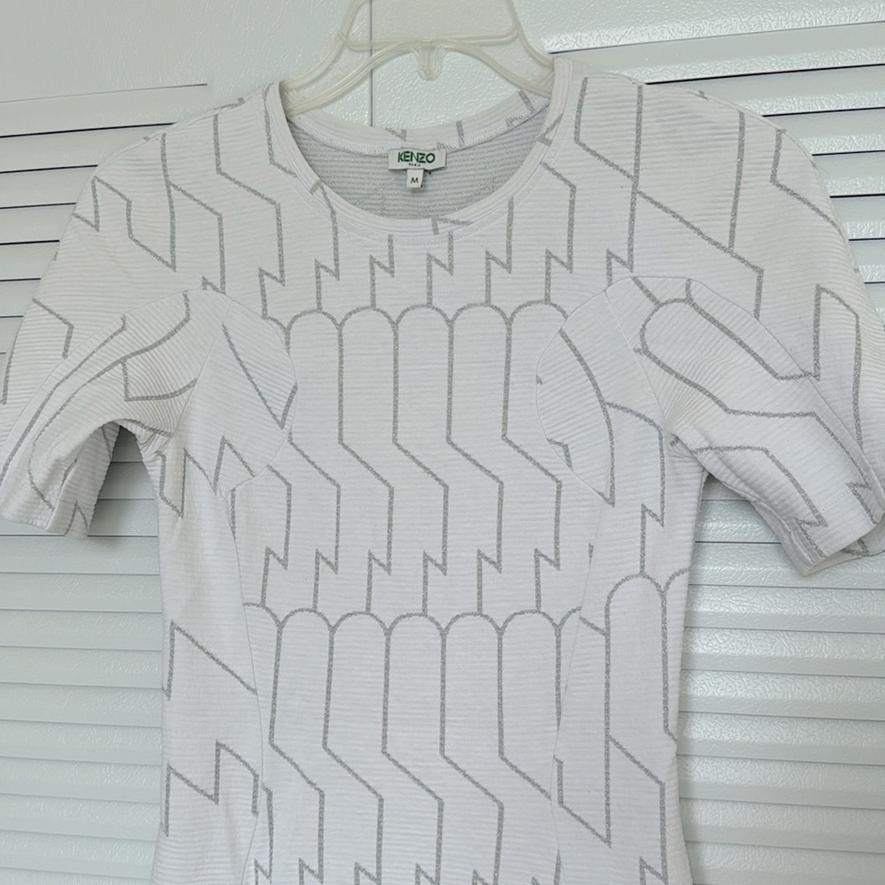 KENZO Paris Dress, Size M, White & Silver Cotton Ribbed Abstract Glitter Dress - Picture 7 of 13